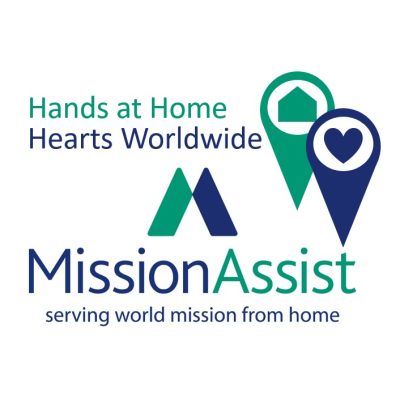 MissionAssist logo with addition of two location pins and text "Hands at Home, Hearts Worldwide".